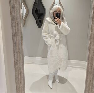 Women’s White Faux-Fur Long Belted Coat